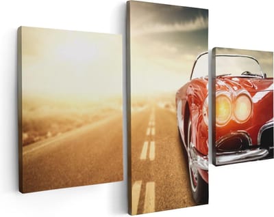 Artaza Canvas Schilderij Drieluik Oude Rode Auto - Retro - 90x60 - Foto Op Canvas - Canvas Print