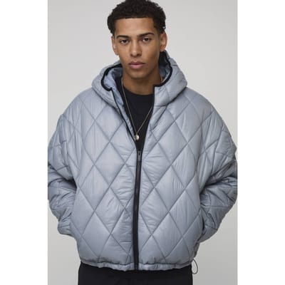 Oversized Boxy High Sheen Diamond Quilted Hooded Funnel Puffer Jacket | Grey | Size Medium