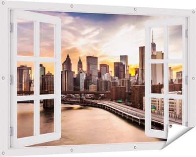 Gards Tuinposter Doorkijk Brooklyn Bridge Brug in New York - 150x100 cm - Tuindoek - Tuindecoratie - Wanddecoratie buiten - Tuinschilderij