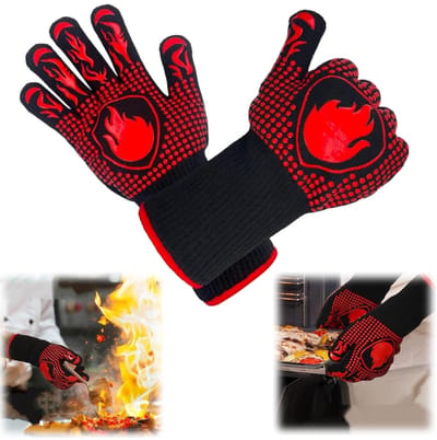 1 paar handschoenen - Hittebestendige handschoen - Barbecue accesoires - Ovenwanten - Antislip kookhandschoenen - Ovenhandschoenen - Bestand tegen 800℃ - Geschikt voor grillen, koken en bakken (32*17cm - Zwart)