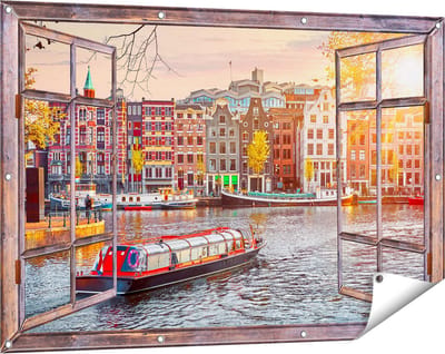 Gards Tuinposter Doorkijk Amsterdamse Huisjes vanaf de Grachten - 120x80 cm - Tuindoek - Tuindecoratie - Wanddecoratie buiten - Tuinschilderij