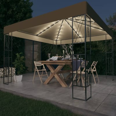 vidaXL - Prieel - met - LED-lichtslinger - 3x3 - m - stof - taupe