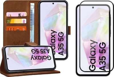 Hoesje geschikt voor Samsung Galaxy A35 - Screenprotector Volledig Dekkend Glas - Portemonnee Book Case Bruin