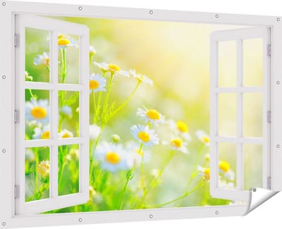 Gards Tuinposter Doorkijk Witte Kamille Bloemen met Zonneschijn - 180x120 cm - Tuindoek - Tuindecoratie - Wanddecoratie buiten - Tuinschilderij