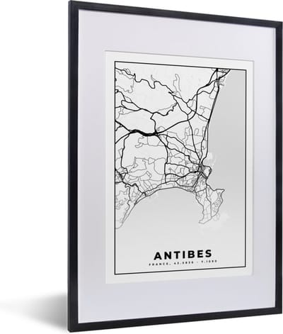 Fotolijst incl. Poster Zwart Wit- Kaart - Plattegrond - Antibes - Frankrijk - Stadskaart - Zwart wit - 30x40 cm - Posterlijst
