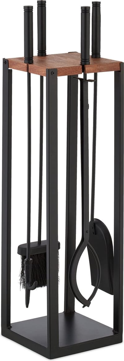 haardset - 5-delig - metaal – hout - asschep - pook - bezem - tang - haardstel