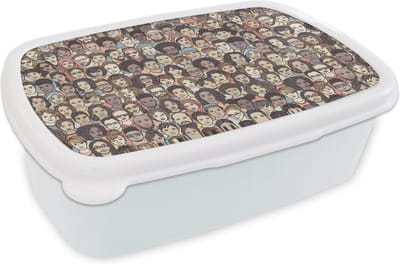 Broodtrommel Wit - Lunchbox - Brooddoos - Diversiteit - Patronen - Gezicht - 18x12x6 cm - Volwassenen