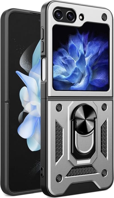 MobyDefend Hoesje - Geschikt voor Samsung Galaxy Z Flip 5 - Pantsercase Met Draaibare Ring - Zilvergrijs