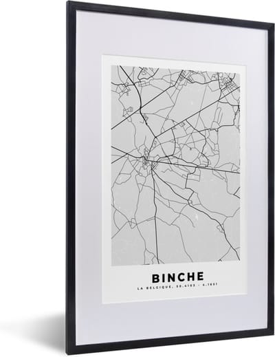 Fotolijst incl. Poster Zwart Wit- Zwart Wit – België – Plattegrond – Stadskaart – Kaart – Binche - 40x60 cm - Posterlijst
