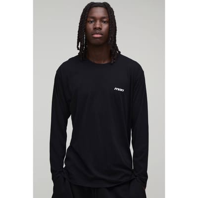 Regular Men's Sport Geborduurd Gewassen T-shirt Met Lange Mouwen | Black | Size XS