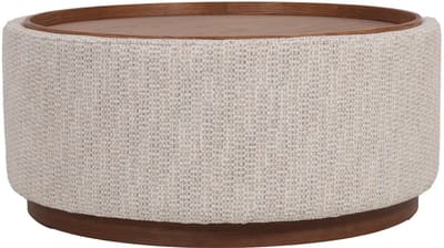 DÉJA Living Salontafel Marcia Beige/Walnoot – Rond – Met Opbergruimte – Chenille en Essenfineer – 83x83x40 cm