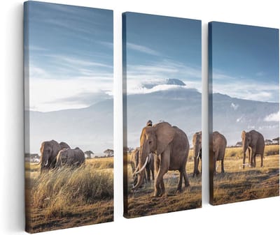 Artaza Canvas Schilderij Drieluik Groep Olifanten Lopen Voor De Bergen - 120x80 - Foto Op Canvas - Canvas Print