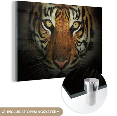 MuchoWow® Glasschilderij 120x80 cm - Schilderij acrylglas - Tijger - Licht - Ogen - Foto op glas - Schilderijen
