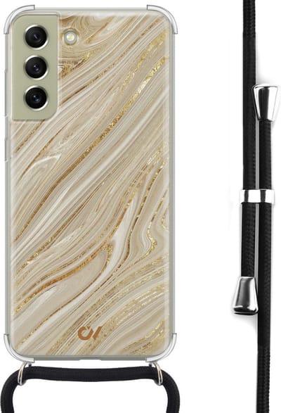 Telefoonhoesje met koord geschikt voor Samsung S21 FE - Golden Marble - Inclusief koord - Transparant, Goud - - Crossbody beschermhoes - Met Telefoonketting