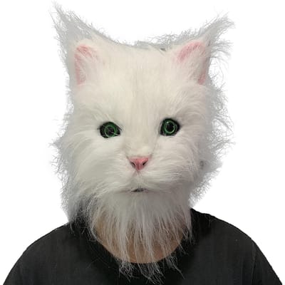 Schattig latex kattenmasker, pluche dierenmasker voor het hele hoofd Adult size wit