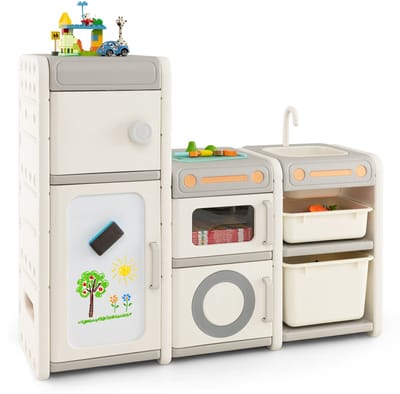 COSTWAY Kinderrek met boxen, kinderkamerrek met 4 kasten, gootsteen, waterkraan, whiteboard, markeerstiften, bordgum, boekenrek voor kinderen, speelgoedrek voor speelgoed (dromer)