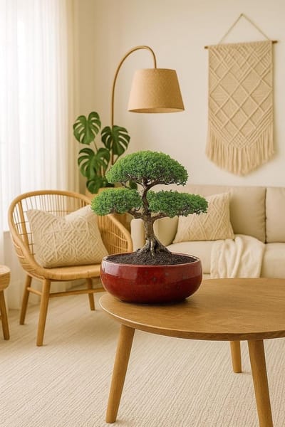 Handgemaakte keramische bonsaibowl met rode glazuur en grijze effecten – Rond ontwerp zonder onderzetter – Perfect voor bonsai en kamerplanten – Ø [SIZE] cm