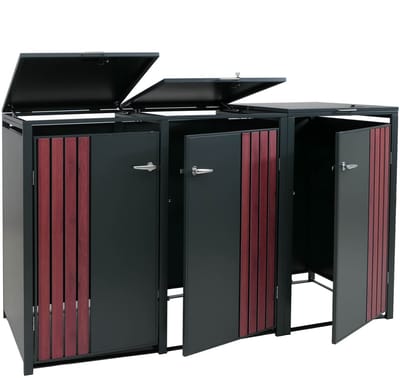 3-delige afvalbakbekleding MCW-O67, afvalbakbox met deksel, metaal 122x200x84cm 83kg ~ antraciet houtlook donker