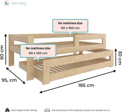 Houten Stapelbed met Uitschuifbed voor Kinderen en Jongeren - 70x140 tot 90x200cm
