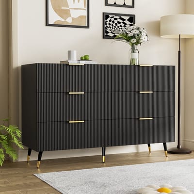 MEUNIQ dressoir 120 x 40 x 77 cm met 6 lades, modern sideboard voor woonkamer, eetkamer of slaapkamer, zwart en goud, staande opbergkast