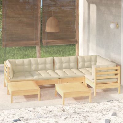 vidaXL - 7-delige - Loungeset - met - crèmekleurige - kussens - massief - grenenhout