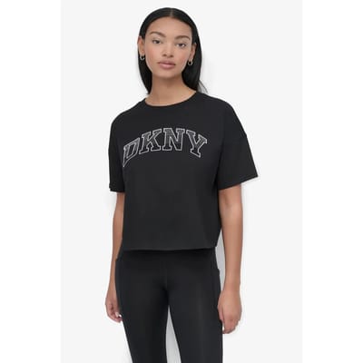 Dkny Arched Varsity Rhinestone Ombre T-shirt Met Korte Mouwen Zwart L Vrouw