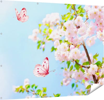Gards Tuinposter Twee Roze Vlinders bij Roze Bloesem Bloemen - 150x120 cm - Tuindoek - Tuindecoratie - Wanddecoratie buiten - Tuinschilderij