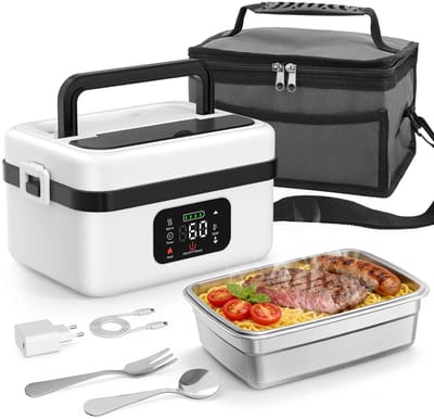 Elektrische lunchbox 1L met touch‑screen, slimme snel verwarmende voedselverwarmer, roestvrijstalen binnenbak inclusief geïsoleerde draagtas, draagbaar voor auto en kantoor
