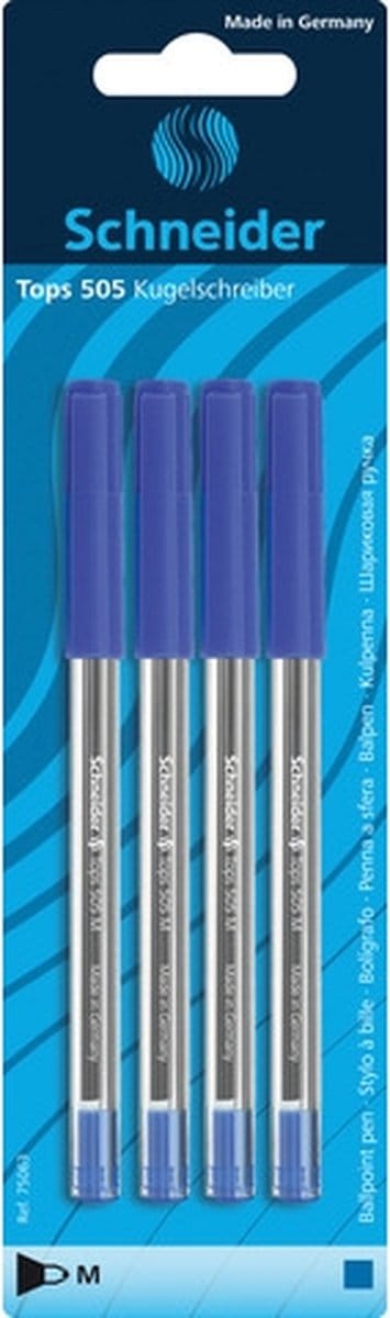 balpen Schneider Tops 505 M blister a 4 stuks blauw doos met 10 stuks