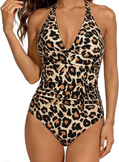 Leopard Print Badmode voor Dames, Halter Nek Eendelig Zwempak met Verwijderbare Cups, Ideaal voor Training, Wellness en Zwembadfeesten - M/L/XL/XXL