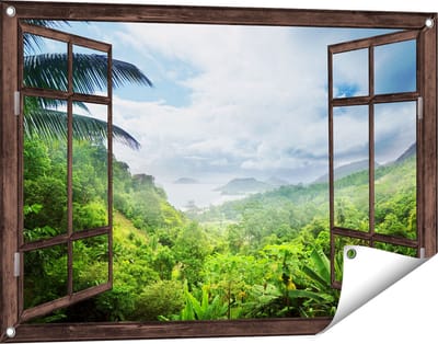 Gards Tuinposter Doorkijk Jungle Uitzicht op de Seychellen - 90x60 cm - Tuindoek - Tuindecoratie - Wanddecoratie buiten - Tuinschilderij
