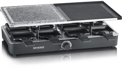 Severin Gourmetstel RG 2376 - 8 Pannen - Zwart - 1300W - Raclette met natuurgrillsteen en grillplaat