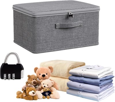 Opvouwbare Opbergdoos met Deksel en Combinatieslot, Ideaal voor Kleding, Speelgoed en Beddengoed, Grijs, 40 x 30 x 21 cm