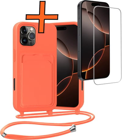 Hoesje Geschikt voor iPhone 16 Pro Max Hoesje Met Telefoonketting Pasjeshouder Case Met Screenprotector Koord - Hoesje Geschikt voor iPhone 16 Pro Max Hoes Met Kaarthouder - Papaya