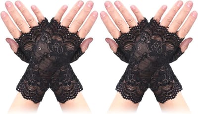 Handschoenen - 2 Paar Kanten Handschoenen voor Dames - Kort Gesneden Vingerloze Handschoenen voor Meisjes - Ideaal voor Bruiloft, Cosplay, Party, Afstudeerbal, Maskerade - Zwart