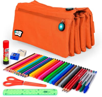 ColePack 20 - Set van Viervoudige Ritssluiting Schoolmap en Schoolbenodigdheden van Topmerken Inclusief (CP20 Koraal)