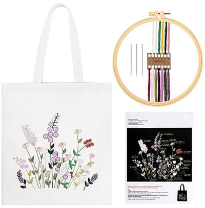 Canvas Tote Bag Borduurpakket met Bloemenpatroon – Borduurstarterkit voor Beginners en Volwassenen