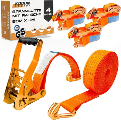 Ratelbanden 4 Stuks - Spanbanden met Ratel - Zekeren van Lading - TÜV/GS Gecertificeerd - 8 Meter Lengte - Oranje
