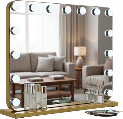 Verlichte Make-up Spiegel - Kaptafel Spiegel - Make-up Aanbrengen - 15 Dimbare LED Lampen - 50 x 40 cm - Goud