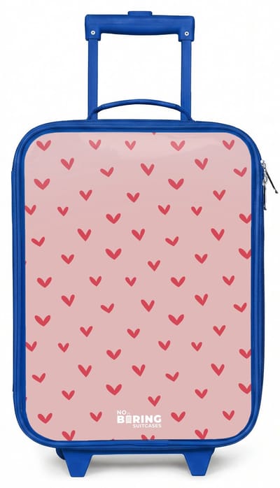 NoBoringSuitcases.com® - Kinderkoffer blauw - Kindertrolley jongen - Hartjespatroon met roze kleuren - Koffer kind lichtgewicht - Reiskoffer trolley voor kinderen - Koffertje met lichtgevende wieltjes - Rolkoffer