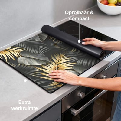 KitchenArt - Golden Palms – Inductie Beschermer - 86x52 cm - Kookplaat Beschermer - Luxe Afdekplaat Inductieplaat - Anti-slip & Oprolbaar - Beschermmat Inductiekookplaat