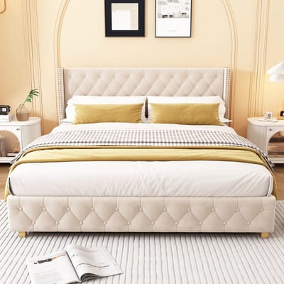 160 x 200 cm Gestoffeerd bed - Tweepersoonsbed - Houten poten - Zonder matras - Fluweel - Beige