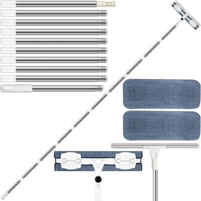 Famanu - Telescopische raamwisser (388 cm), 2-in-1 raamreinigingsset met squeegee en microvezeldoek voor hoge ramen binnen en buiten