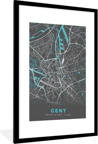 Fotolijst incl. Poster - Kaart – Plattegrond – Stadskaart – Gent – België - Grijs - 60x90 cm - Posterlijst