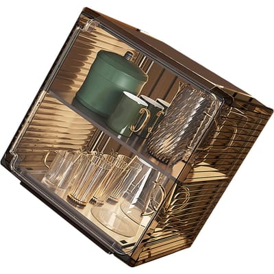 Beker Opbergrek Stofdicht Stapelbaar Plastic Transparante Beker Organizer Doos voor Kast Bureau Medium Black beige