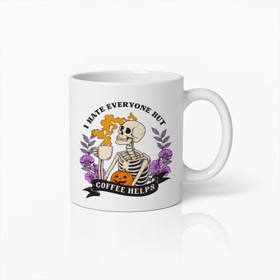 "Ik Haat Iedereen Maar Koffie Helpt" Skelet Koffiemok – Grappig Halloween Cadeau