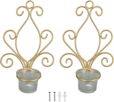 Metalen Wandkandelaars - Muurhangers Kaarsen - Sfeerverlichting Creëren - Goudkleurig Luxe Design - 2 Stuks - Goud