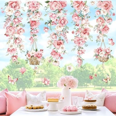 PromoHome Dubbelzijdige Raamstickers Hangende Bloemenranken Roze Pioenroos Anti-Botsing Raamdecoratie Glasfolie Woondecoratie