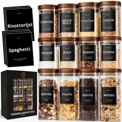 Organess Voorraadpotten Acacia deksel - 12 Delige set - Glas met deksel - Snoeppot - Glazen voorraadpotten - 4x 800ml & 8x 600ml