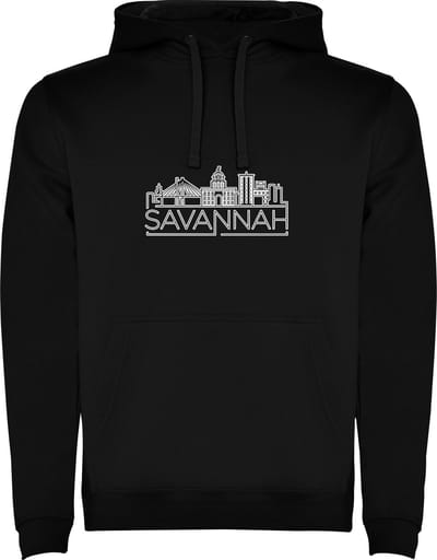 Zwarte unisex hoodie met “ Skyline Savannah Georgia – Vakantiegevoel – Strak – Modern “ Print Full Color merk Roly maat L